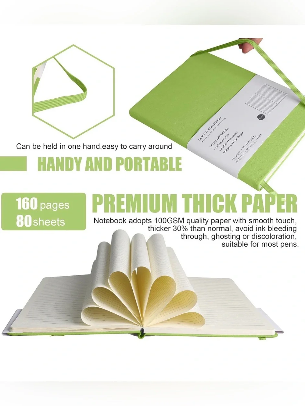 Classic Collection Green Hardcover Lined Notebook with Elastic Band